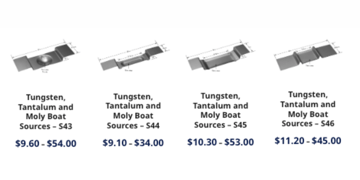 Blog Header – Thermal evaporation boats Examples of thermal boats, typically made from tungsten, molybdenum, or tantalum