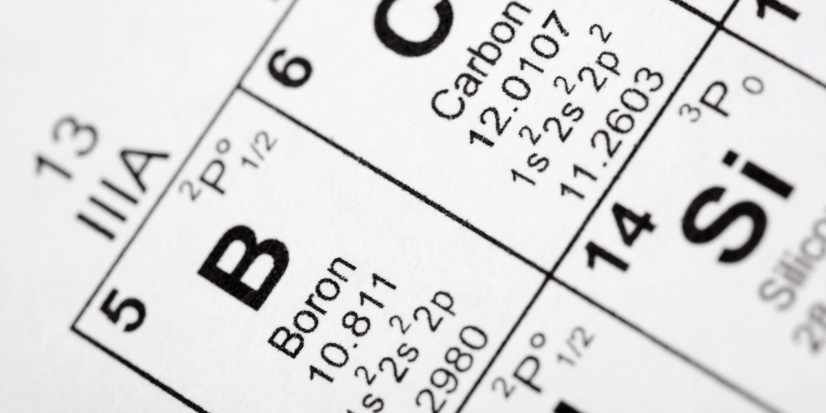 Closeup of boron on the periodic table, a component of boron nitride crucibles