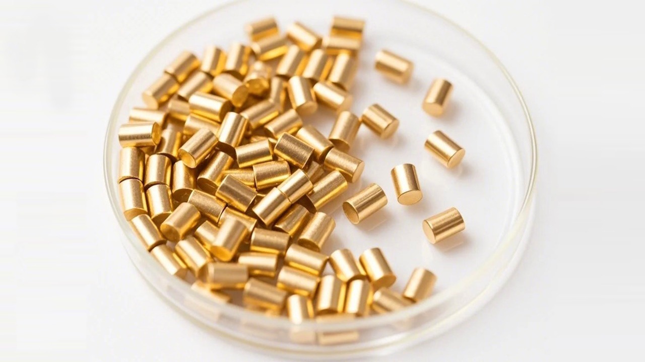 Gold evaporation material in the form of pellets in glass dish