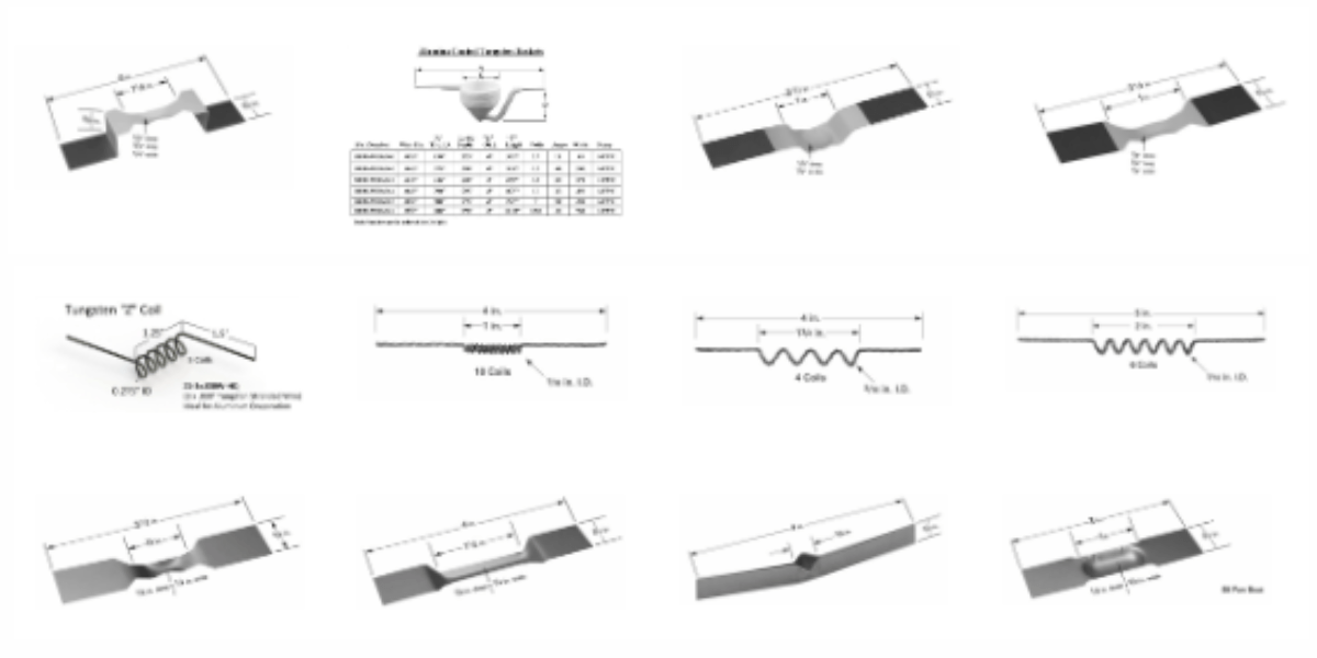 Image showing various tungsten products, including tungsten boats, tungsten filaments, and alumina-coated tungsten baskets